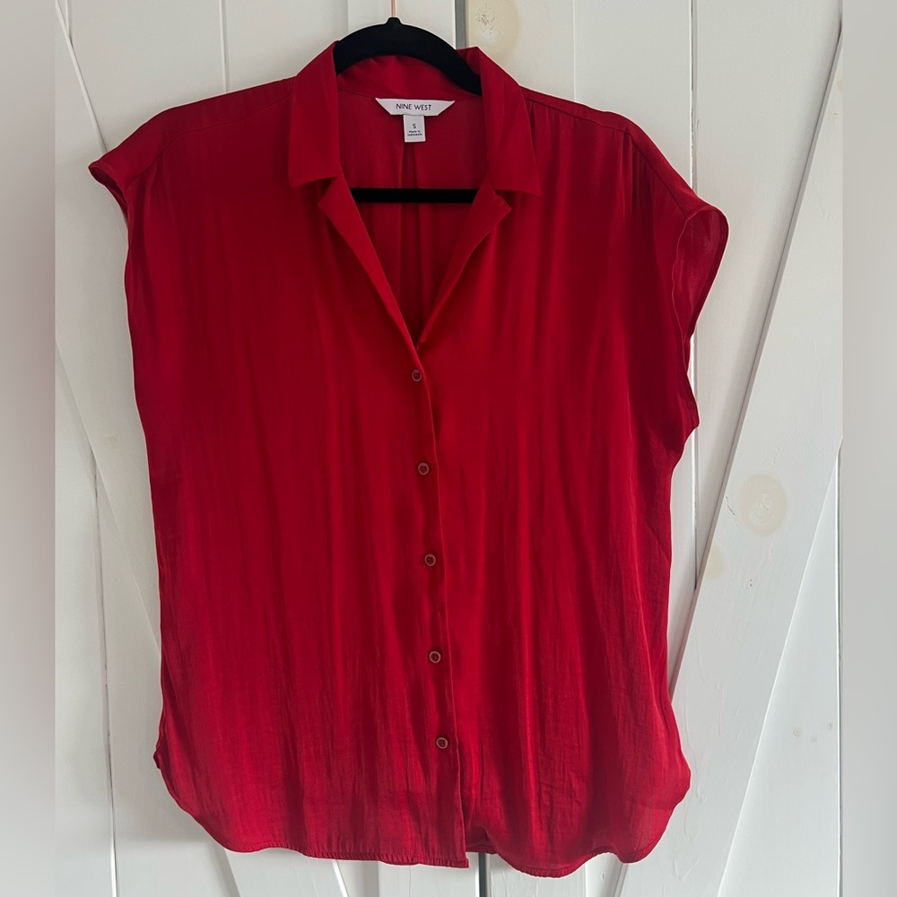 Nine West Women's Red Satin Button-Down Shirt